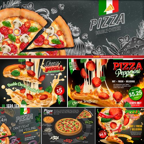 西餐厅面包店披萨美食黑板个性矢量AI设计素材模板线描食物