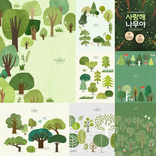 森林树林木绿植自然风景插画插图环保海报背景PSD设计素材
