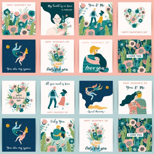 情人节三八妇女节情侣插画花朵请柬手帐EPS矢量设计素材