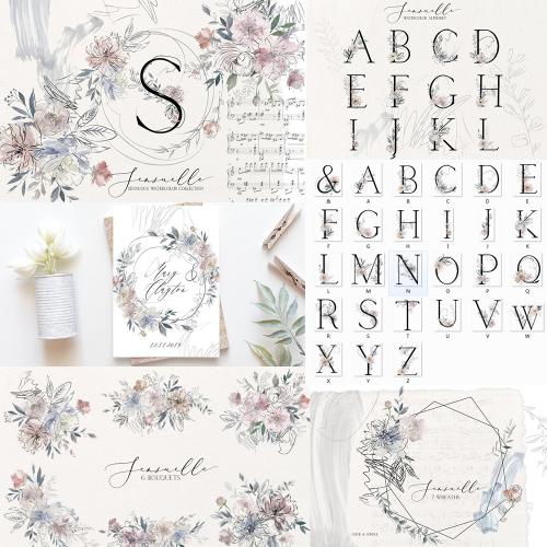 淡雅手绘水彩婚礼花环英文字母LOGO片背景PNG免扣PS设计素材