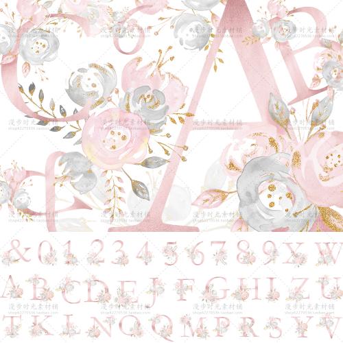 手绘水彩风唯美粉色花卉字母数字PNG免扣图片婚礼请帖设计素材