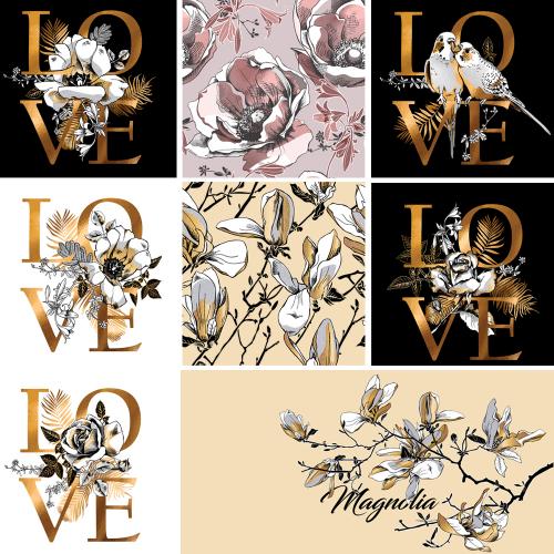 金色玉兰花love英文字母穿插海报卡片AI矢量设计素材模板