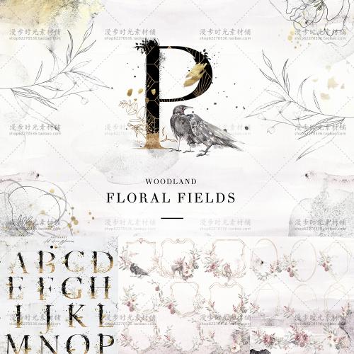 简约婚礼花环请柬邀请函LOGO墨迹英文字母PNG免抠设计素材