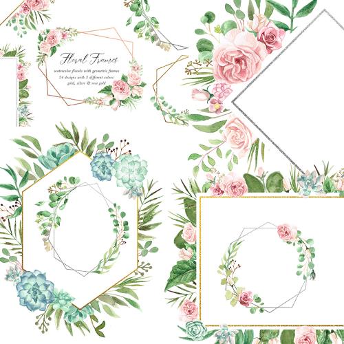 手绘水彩婚礼标志LOGO玫瑰花环金色边框图案PNG免抠设计素材