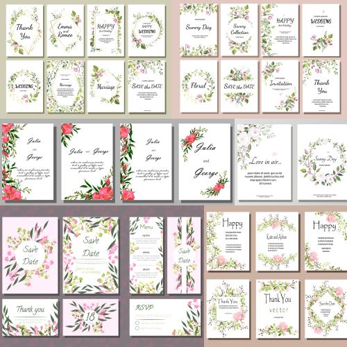 清新花朵花环主题婚礼请柬邀请函卡片AI矢量设计素材模板