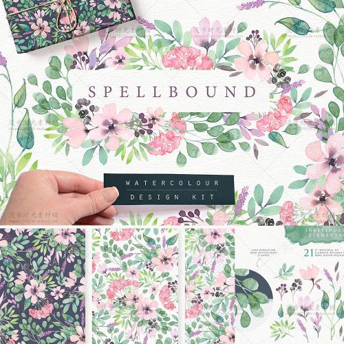 唯美花朵树叶边框底纹印花图案背景手绘水彩手帐PNG免抠素材