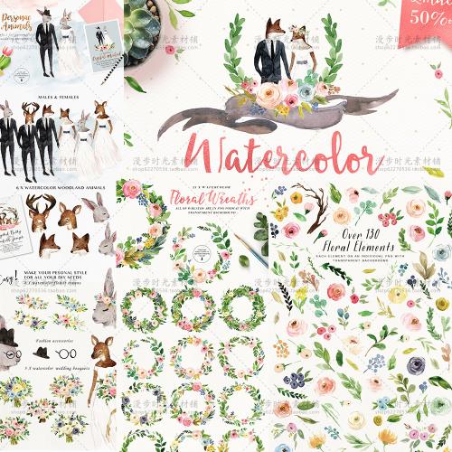 水彩玫瑰花麋鹿狐狸小兔子花环LOGO婚礼邀请函请柬PNG设计素材