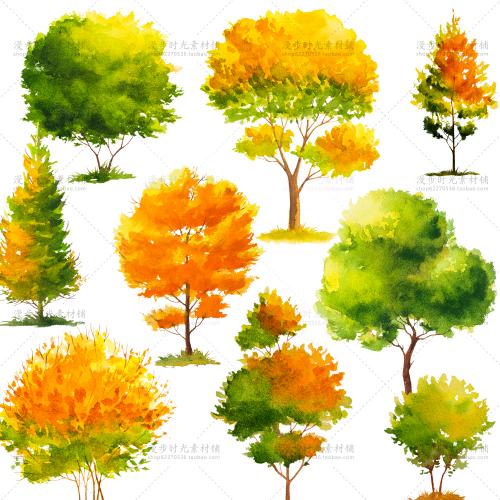 手绘水彩秋天树木大树落叶PNG免扣AI矢量图片装饰画芯设计素材
