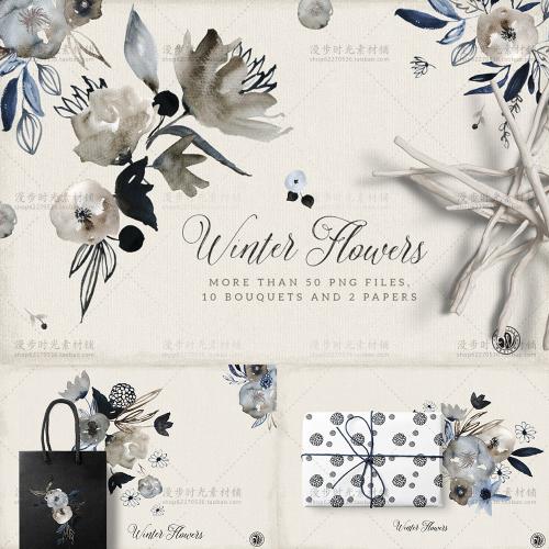 手绘水彩花朵婚礼请柬手帐卡片工艺包装含礼品盒PNG设计素材