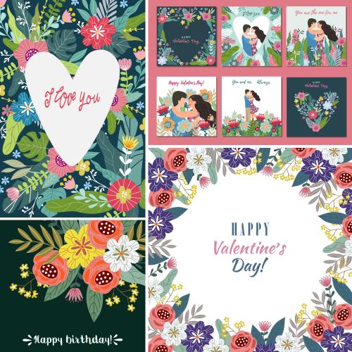 情人节三八妇女节情侣插画花朵请柬手帐EPS矢量设计素材