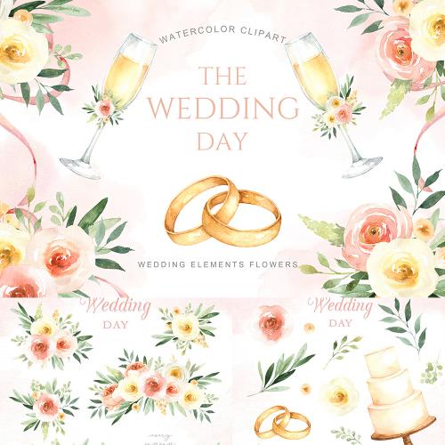 手绘水彩粉色花朵婚礼戒指蛋糕请柬卡片背景PNG免扣设计素材