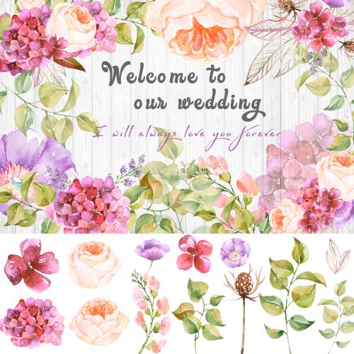 田园水彩手绘绣球花玫瑰花婚礼请柬邀请函PSD分层PNG设计素材
