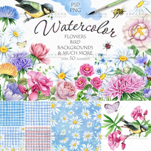 主题婚礼请贴手绘PNG免抠背景花鸟PSD分层PS设计素材免扣花朵