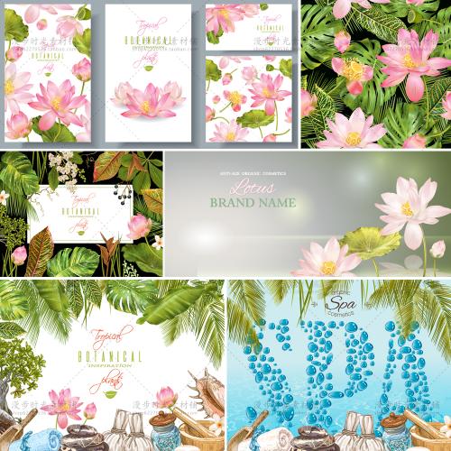 绿色叶子龟背竹荷花卡片请柬邀请函SPA海报AI矢量设计素材