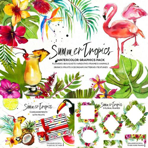 水彩热带水果花朵火烈鸟大嘴鸟鹦鹉动物请柬花环PNG设计素材