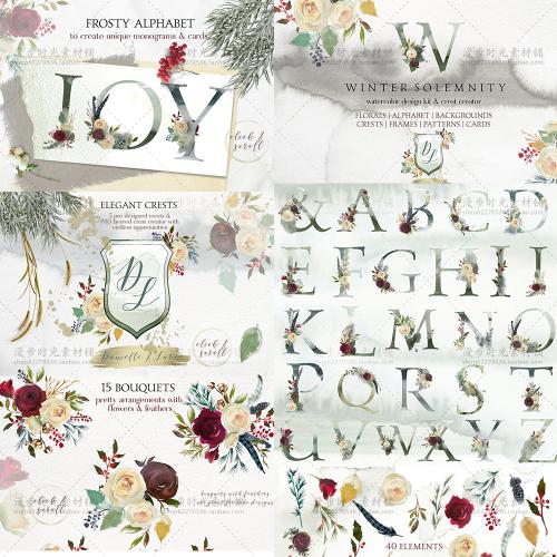 冬季花卉花环英文字母花饰玫瑰花婚礼邀请函请柬PNG设计素材