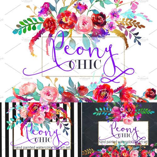 紫色水彩花卉剪贴画婚礼请柬邀请函剪贴簿手帐PNG设计素材