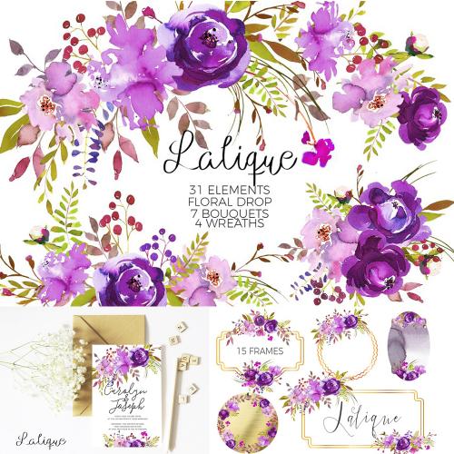 紫罗兰紫色花卉水彩邀请函请柬记事本手帐卡片PNG设计素材