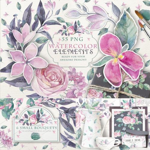 花园玫瑰花手绘水彩花束花环婚礼请柬邀请函PNG设计元素素材