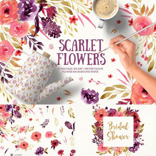 红色玫瑰花朵花环请柬邀请函卡片手帐面料印花PNG设计素材