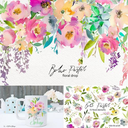 波希米亚式手绘水彩水粉花卉邀请函卡片包装印刷PNG设计素材