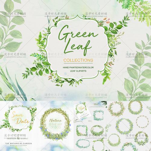 水彩绿色叶子花环边框婚礼迎宾请柬卡片PSD+PNG免抠设计素材