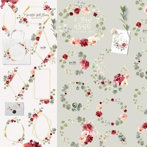 手绘水彩玫瑰花环边婚礼海报迎宾卡片背景PNG免扣PS设计素材