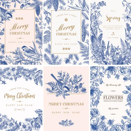 手绘花卉植物西式英文婚礼请柬邀请函明信片EPS设计矢量素材