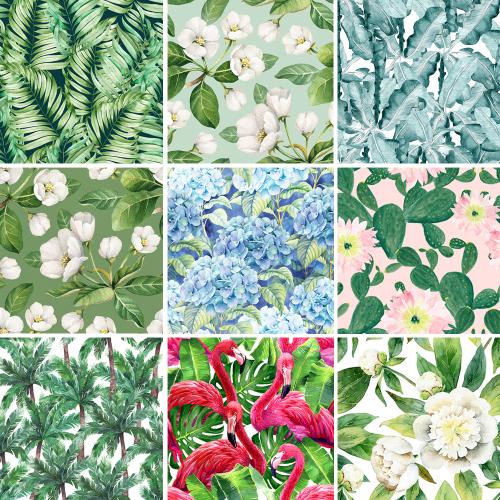 森系手绘水彩花朵热带树叶火烈鸟无缝背景装饰画JPG高清图片