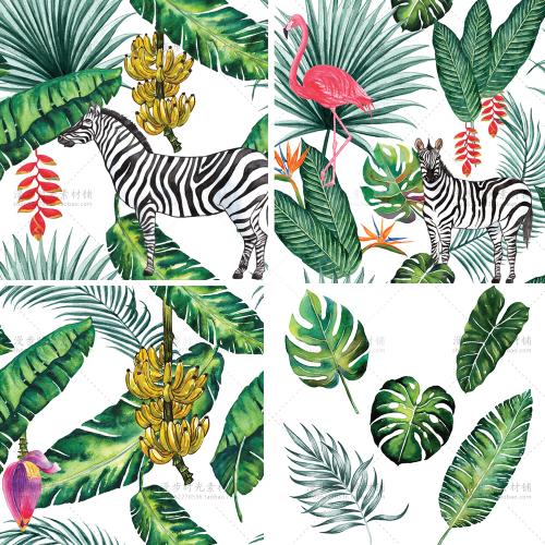水彩手绘热带植物绿叶子阔棕榈叶斑马火烈鸟EPS矢量设计素材