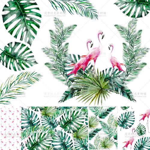 清新夏日手绘绿色水彩热带植物火烈鸟PNG免扣无缝背景图片素材