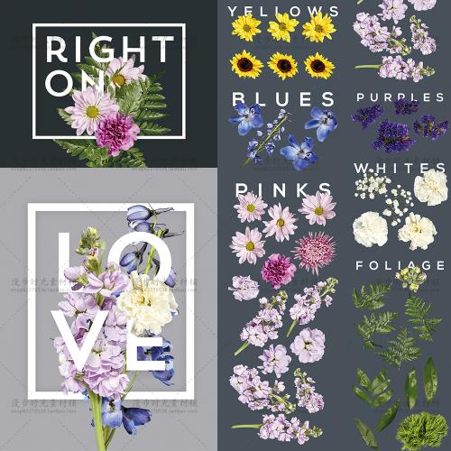 唯美森系花卉花朵叶子卡片图案文字穿插排版AI矢量设计素材