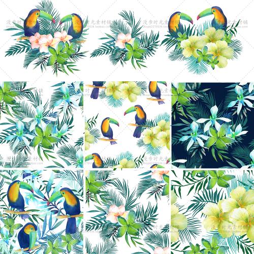 热带雨林植物大嘴鸟鹦鹉海报EPS AI设计素材无缝拼接平铺背景