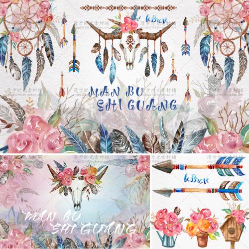 花朵手帐PNG设计素材PSD羽毛麋鹿头印第安部落水彩手绘花卉