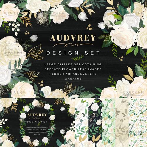 手绘水彩白色花朵花环婚礼标志LOGO请柬PSD+PNG免抠设计素材