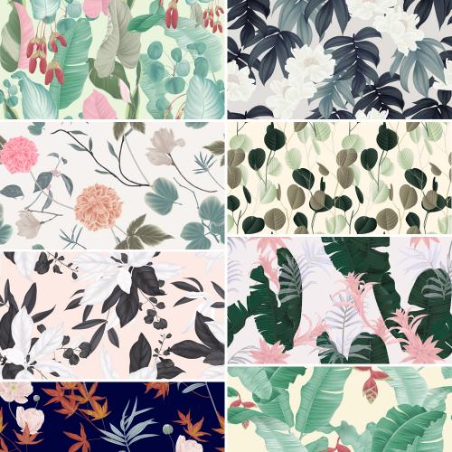 手绘矢量清新淡雅花卉叶子无缝壁画印刷包装图AI设计素材