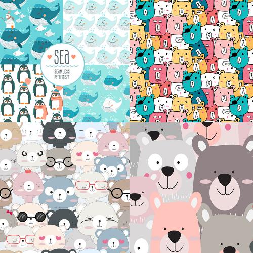 卡通可爱北欧简约手绘动物猫咪熊无缝背景手机壳图案矢量素材