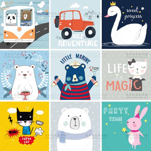 北欧卡通手绘熊兔猫天鹅动物背景手机壳图案装饰画矢量AI素材
