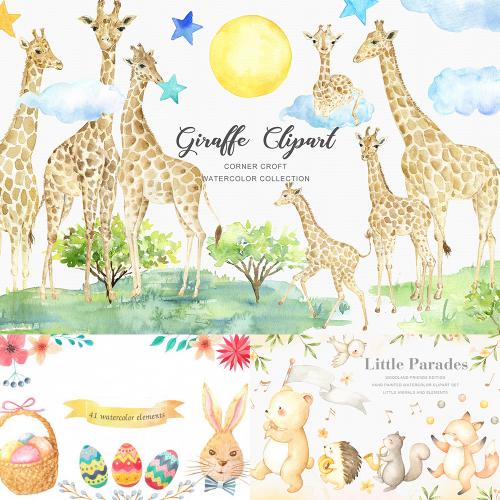 水彩卡通可爱动物小熊长颈鹿树花环卡片 PNG免扣PS设计素材