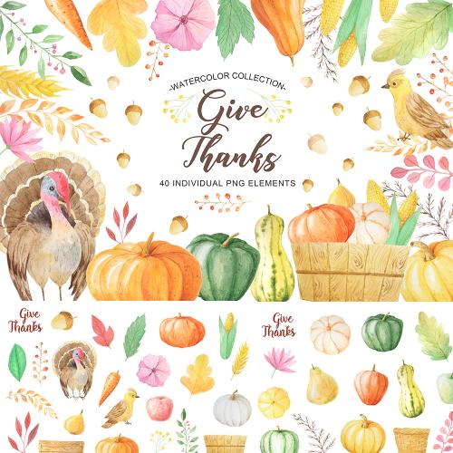 手绘水彩秋季南瓜玉米小鸟花朵叶子卡片PSD+PNG免抠设计素材