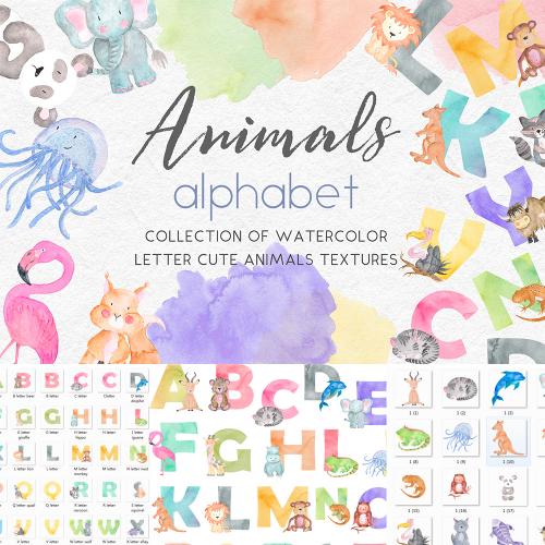 水彩卡通可爱动物大象长颈鹿火烈鸟英文字母PNG免扣设计素材