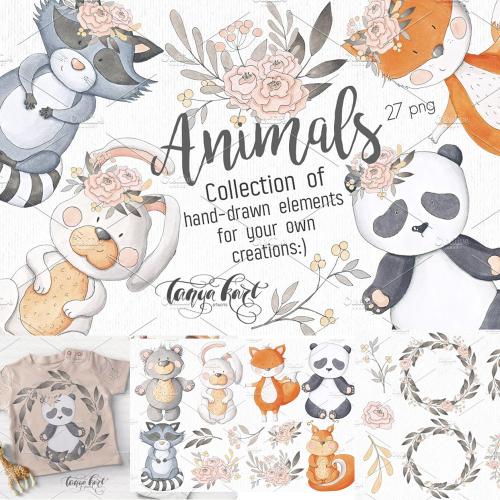 手绘水彩卡通动物请柬卡片儿童服饰布料印花印刷PNG设计素材