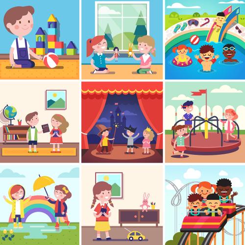 卡通可爱扁平化儿童小学生人物玩耍背景幼儿园EPS矢量图素材