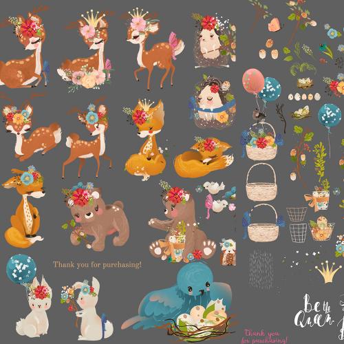 可爱卡通森系森林动物小鹿刺猬熊兔子EPS矢量PNG图片设计素材