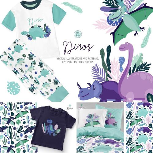 可爱卡通手绘恐龙森林动物插画印刷包装图片矢量AI设计素材