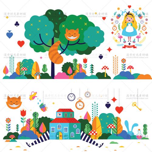 手绘可爱卡通儿童少女插画装饰画背景墙贴矢量AI设计素材