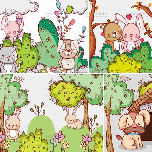 手绘儿童卡通动物兔子小狗树木森林EPS矢量AI设计素材