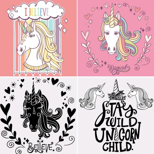 儿童卡通独角兽花环字母装饰画海报矢量AI设计素材模板