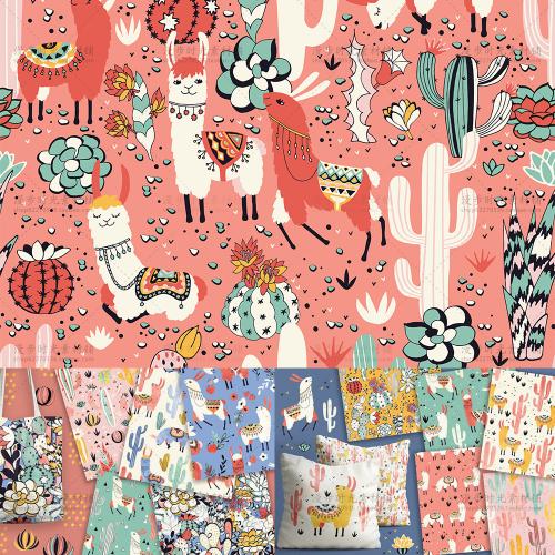 美洲驼仙人掌水彩植物儿童卡通动物EPS矢量PNG设计素材模板