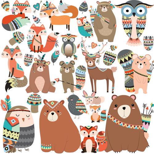 可爱林地部落动物卡通元素插画涂色上色图案AI+PNG设计素材